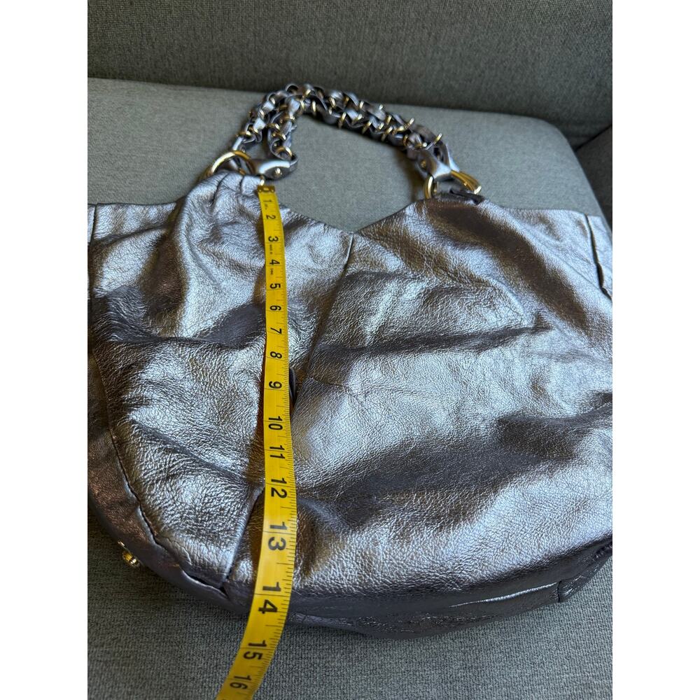 Elliot Lucca Silver Metallic Leather Shoulder Handbag Gold Braided Handles Boho - Picture 12 of 15